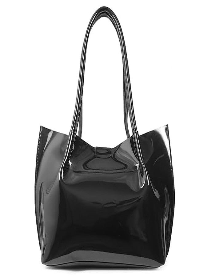 AKSUTI Casual Patent Synthetic Leather Tote Bag for Women - Stylish Handbag, Spacious, Durable & Versatile Shoulder Bag (Black) - Image 2